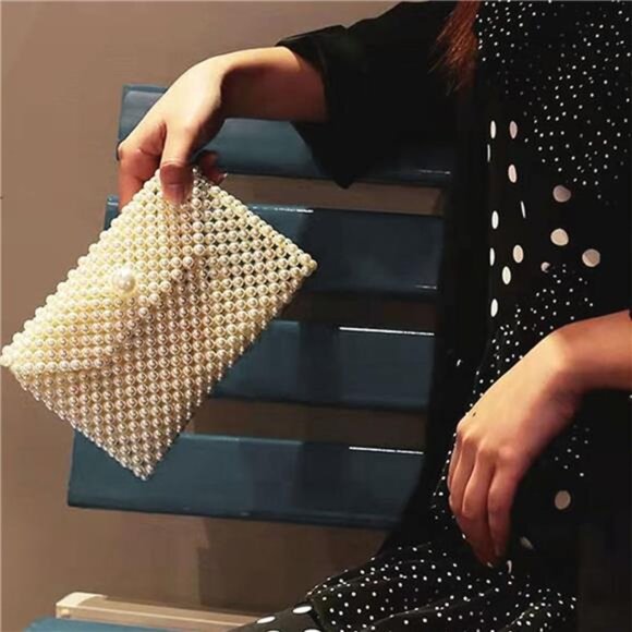 Handmade Pearl Beaded Clutch Purse Crossbody Shoulder Bag Wedding Evening - Picture 6 of 7